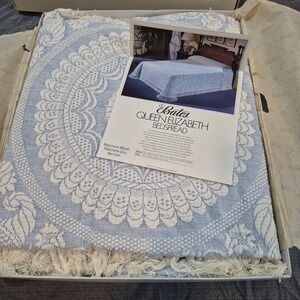 Vintage Double 98 X 112 Bates Queen Elizabeth Lt Blue Bedspread w Fringe In Box